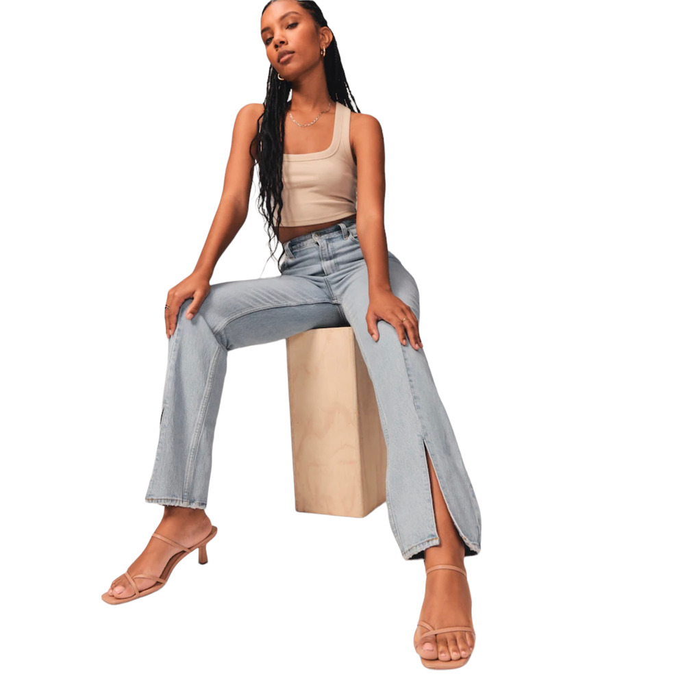 Abercrombie Curve Love 90s Straight Ultra High Rise Light Wash Front Slit 27